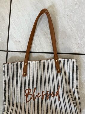 Striped 'Blessed' Canvas Tote with Brown Handles
